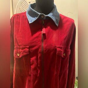 dressbarn women’s Burgundy Corduroy Jacket with Blue Collar